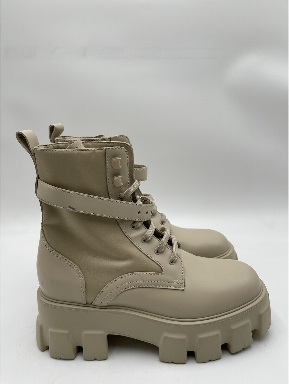 Women’s Prada Monolith Combat Lace Up Mid Calf Boots Beige Leather Size 37.5